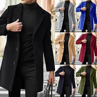 Men Single Breasted Trench Coat Winter Pea Coat Notch Lapel Long Casual Overcoat • $44.74