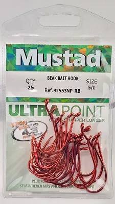 Mustad Octopus Hook 5/0 Red 25pk UltraPoint Needle Point 92553NP-RB-5/0-25 • $5.74