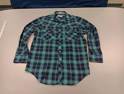 Vintage McGregor Blue Green Plaid Flannel Long Sleeve Buttonup Shirt Size Large • $13.99