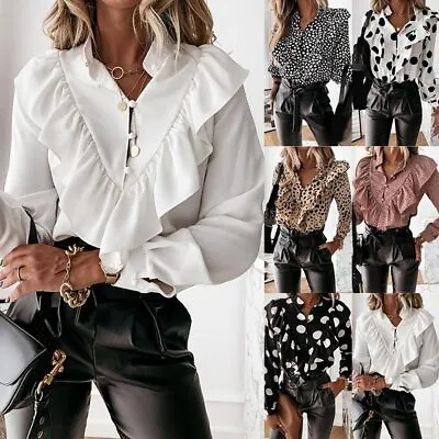 Womens Ruffle Long Sleeve Pullover Blouse Ladies Casual Work Office Shirt Tops • £5.69