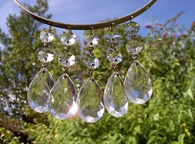 70s Vintage French Chandelier Clear Glass & 2 Crystals AND Almond Drops SET OF 5 • £12.99