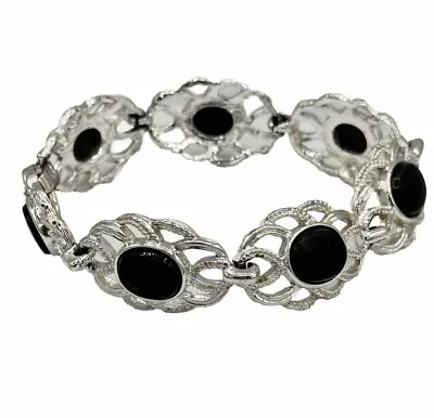 Sarah Coventry Black Reflections Bracelet Vintage Silver Tone 7.25 Inch • $11.04