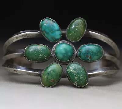 Vintage Native American Navajo Turquoise Sterling Silver Cluster Cuff Bracelet • $449