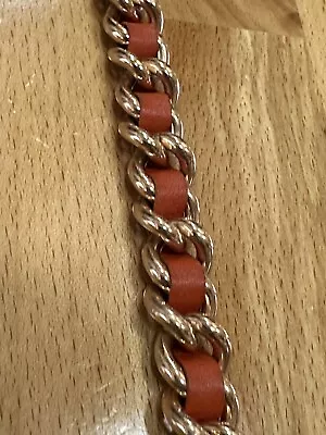 Milor Bronze Chain Bracelet Woven Orange Leather Stylish VTG Designer Jewelry • $12.50