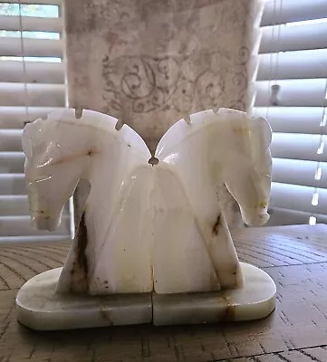 Pair Of Vintage Trojan Horse Head Carved Onyx Marble Horse Head Book Ends • $19.99