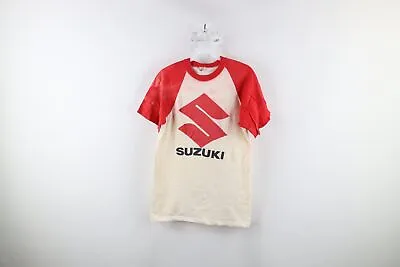 Vtg 70s Mens Medium Thrashed Spell Out Suzuki Racing Short Sleeve T-Shirt USA • $71.96