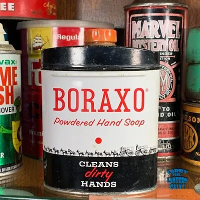 Vintage 1950s BORAXO Powered Hand Soap Tin Third Full 8 Ounce Cleans Dirty Hands • $13