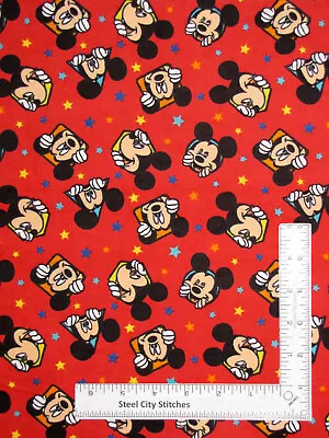 FLANNEL Fabric With Disney Mickey Mouse Character & Stars Red By The Yard • $10.98