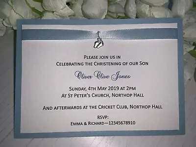 £25 • Buy Christening Invites - Baby Blue Ribbon & Silver Baby Feet Charm - Pack Of 20