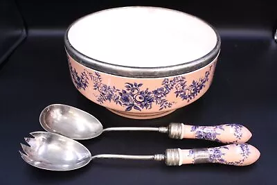 Vintage SERVING BOWL Pink & Blue Floral Pattern Pot W/ Salad Servers  - B92 • £6.99