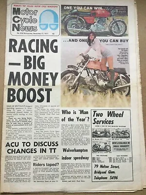 Motor Cycle News - 17 November 1971 - Racing Money Boost - Vintage Newspaper • $11.44