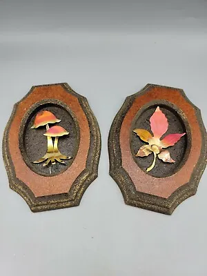 2 Copper Oak Leaf Mushrooms 3D Wall Art Sculpture On Composite Wood Vintage  • $20.48