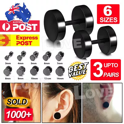 $11.95 • Buy Pair Black Flat Round Barbell Earrings Plug Gym Mens Mm Stud 316 Stainless Steel