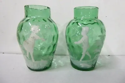 Antique Pair Mary Gregory Hand Painted Dimpled Glass Posy Vases Victorian • $165