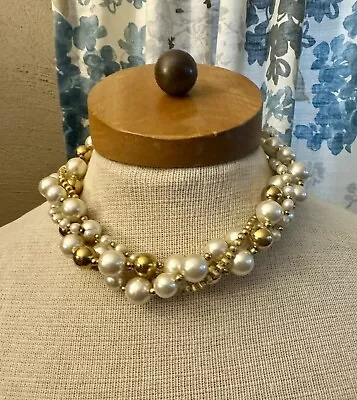 Signed Napier Vintage Yellow Gold Tone Faux Pearl Multi Strand Choker Necklace • $45