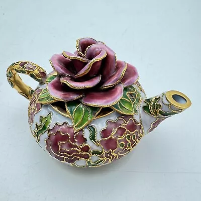 Vintage Miniature Enamel Cloisonné Teapot Flowers Roses 4.25” Gold Pink Green • $24.99