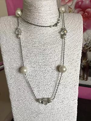 Long Silver Tone Faux Pearl Station Necklace • £2.45