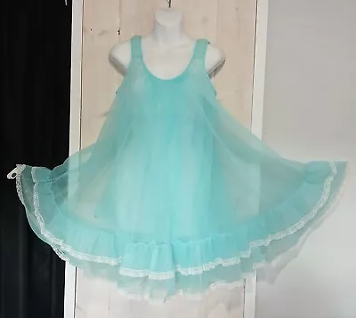 Vintage Miss Elaine Baby Blue Sheer Baby Doll Nightie Lacy Tiers Small • $79
