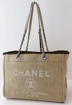 Auth CHANEL Tan Beige Canvas CC Logo Cambon Line Chain Tote Bag Purse #56454 • £727.65