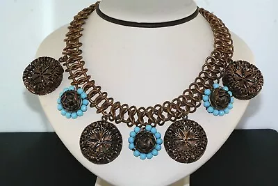 Early MIRIAM HASKELL Turquoise Flower Disc Dangle Medallion Necklace  • $65