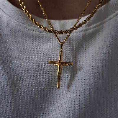 Gold Cross Necklace Set Jesus Cross Pendant Mens Necklace Crucifix • £25