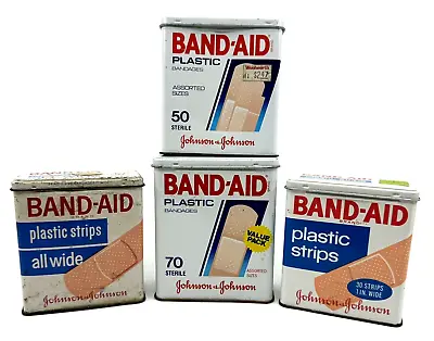 (4) Vintage BAND-AID Plastic Strips BANDAGES Tin Lot 1960s-80s MEDICINE CABINET • $14.95