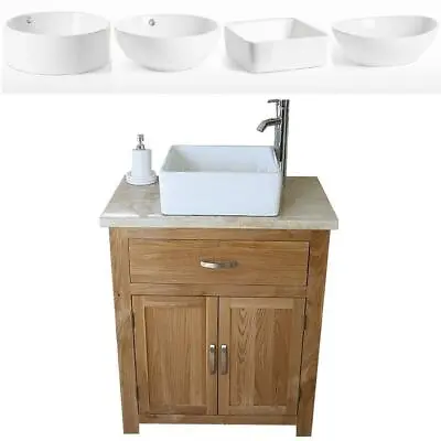 Bathroom Vanity Unit Oak Cabinet Wash Stand Travertine & White Ceramic Basin 502 • £497.26