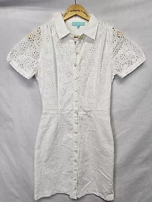 Melissa Odabash Dress Size S White Eyelet Short Sleeve Gold Button • $39.99