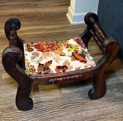 17” Vintage Double Handled Mid-century Modern Footstool Floral Crushed Velvet • $125