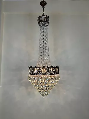 Antique / Vintage HUGE Long Crystal French Chandelier Lighting Ceiling Fxtr 1950 • $995