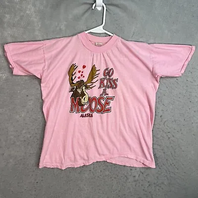 Vintage 80s Go Kiss A Moose Alaska T Shirt Womens XL (Fits M) Pink • $29.99