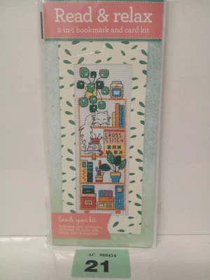 £3.99 • Buy READ & RELAX BOOKMARK Cross Stitch Card Kit White Cat Shelf Plant Books Files