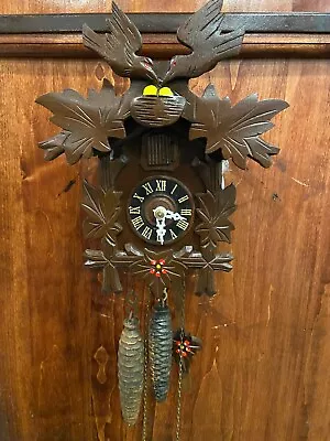 Vintage Authentic German   Cuckoo Clock W  Maple Leaf Two Bird  Nesting Topper • $33