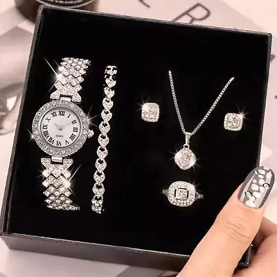 5 PCS Set Luxury Fashion Rhinestone Watch Women Ring Necklace Earring  Bracelet • $16.06