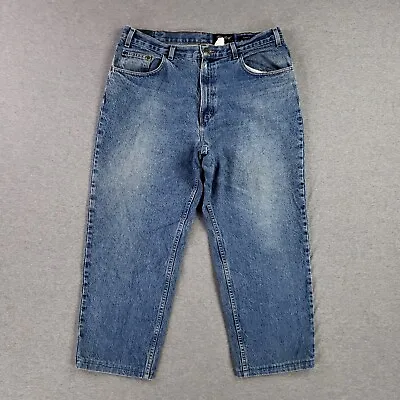 Vintage Eddie Bauer 36x27 Loose Fit Jeans Heavy Denim Work Pants Shortened • $18.52