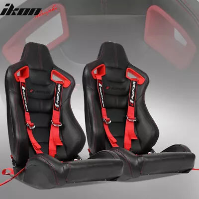 Universal Adjust Racing Seat PU Carbon Red Bezel & Dual Slider Cam-lock Belt X2 • $409.99