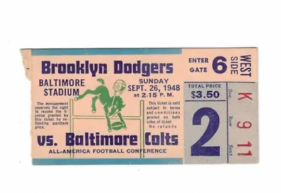 1948 Baltimore Colts Vs Brooklyn Dodgers AAFC 9-26-48 Game 2   Ticket Stub • $74.99