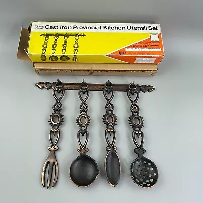 Vintage Cast Iron Kitchen Utensil Set Spoon Ladle Strainer Wall Black Hanging • $24.99