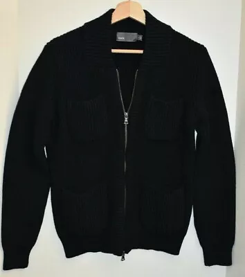 Men Vince Navy 100% Wool Full Zip Cardigan Sweater Jacket M Ribbed Front Pockets • $179.95