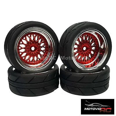 1/10 RC Road Wheels Tyres BBS Style Red For Tamiya TT02 TT01 E 9mm 6mm Offset • £22.99