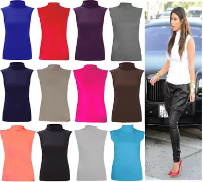 £6.99 • Buy Polo Neck Top Sleeveless Women Roll Neck Turtle Neck Plain Top 8-26