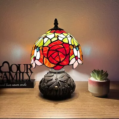 Tiffany Style Mini Table Lamp Stained Glass Rose Flowers LED Bulb Include H11 In • $119.99