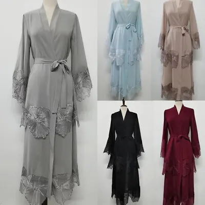 Lace Flower Embroidery Women Muslim Open Kaftan Long Dress Dubai Abaya Cardigan • £40.62