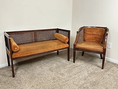 Cane Back Settee And Chair Matching Upholstered Mid Century Pair • $1800