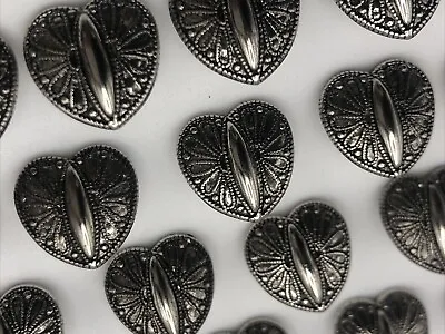 Vtg Heart Shaped Floral Silver Tone Shank Buttons 15mm Lot Of 8 Or 80 D805 • $3.99