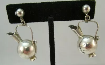 Vintage MEXICO Silver Water Pitcher Dangle Screwback Earrings • $24.99