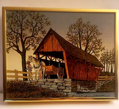 H. HARGROVE PAINTING WINTER COVERED BRIDGE Boy Horse & Cart. Rustic Wood 8 X 10 • $32.50