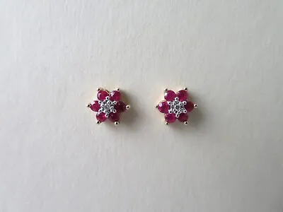 VINTAGE 14CT YELLOW GOLD RUBY 1CT & DIAMOND EARRINGS 2.15gs • £98