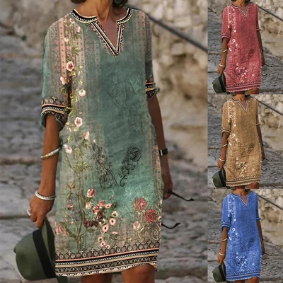 $25.29 • Buy Plus Size Women's Summer Printed Dress V-neck Casual Beach Sun Holiday Dresses