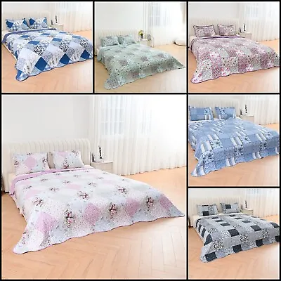 3 Piece Printed Patchwork Bedspread Quilted Bedspread Single Double King Size • £18.99